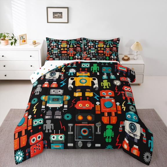 Manfei Cartoon Robot Queen Comforter Set,Teens Robot Bedding Sets,Red Black Bedding Comforter Set For Boys Kids,Microfiber Bedroom Decor Reversible,3 Pieces