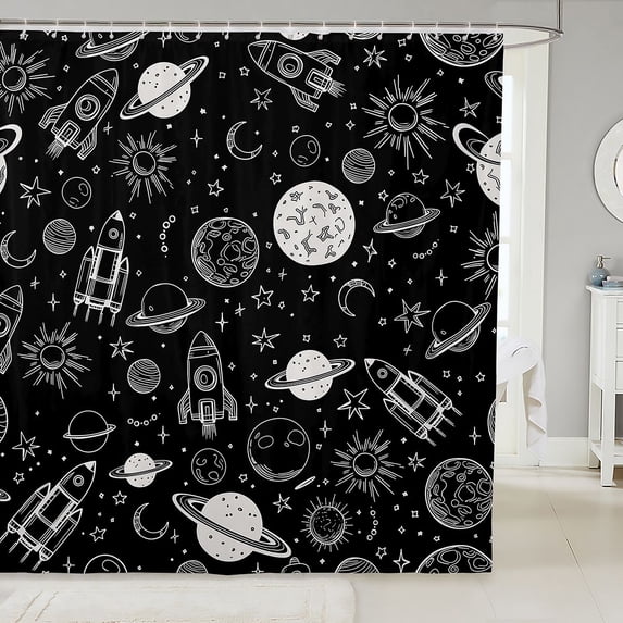 Manfei Cartoon Rocket Planets Shower Curtain 72Wx72L,Space Galaxy Bathroom Curtain,Black White