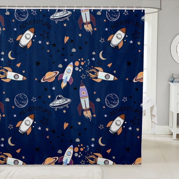 Manfei Cartoon Rocket Planets Shower Curtain 72Wx84L,Celestial Space Stars Bathroom Shower Curtain,Blue