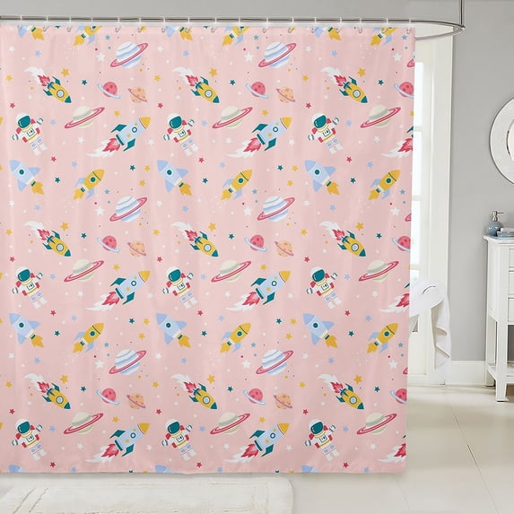 Manfei Cartoon Rocket Planets Shower Curtain 72Wx84L,Cute Astronaut Bathroom Shower Curtain,Pink