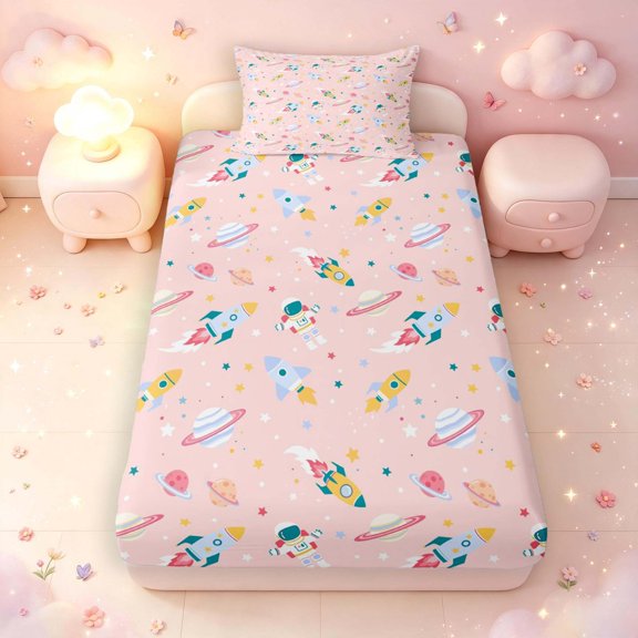 Manfei Cartoon Rocket Planets Twin Fitted Sheet,Cute Astronaut Bedding,Pink,2-Piece