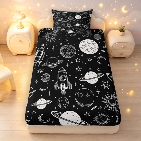 Manfei Cartoon Rocket Planets Twin Fitted Sheet,Space Galaxy Bedding,Black White,2pcs