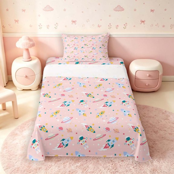Manfei Cartoon Rocket Planets Twin Sheets,Cute Astronaut Bedding,Pink,3-Piece,1 Flat Sheet,1 Fitted Sheet and 1 Pillowcase