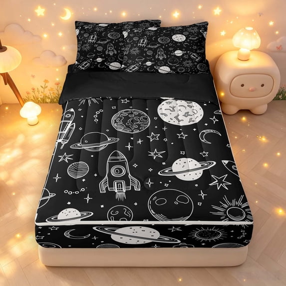 Manfei Cartoon Rocket Planets Zipper Queen Comforter Set with Fitted Sheet and 2 Pillowcases,Space Galaxy Zipper Bedding Set,Black White,Black Reversible,4pcs