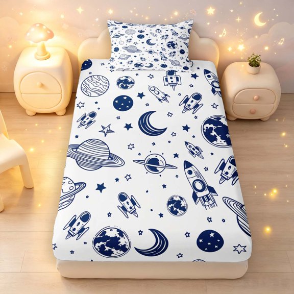Manfei Cartoon Rocket Print Twin Fitted Sheet,Cute Planet Pattern Bedding,Navy White,2-Piece