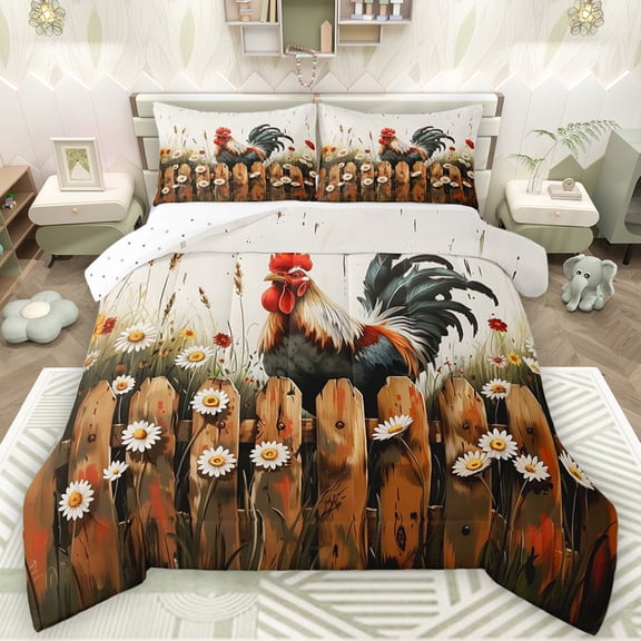 Manfei Cartoon Rooster Child Full Size Comforter Sets, Rustic Farmhouse Animal Bedding Comforter Set, Groovy Daisy Floral Reversible Bedding Sets, Luxury Bedroom Decor, 3 Pieces