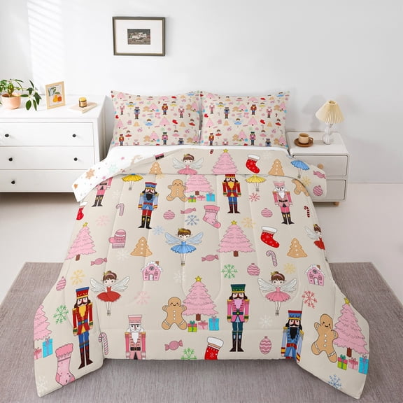 Manfei Cartoon Royal Nutcracker Queen Comforter Set for Kid, Kawaii Princess Elf Bedding Sets, Dreamy Christmas Tree Reversible Bedding Comforter Set, Microfiber Bedroom Decor, 3 Pieces