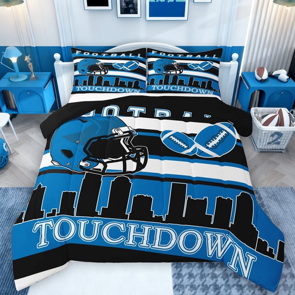 Manfei Cartoon Rugby Helmet Bedding Comforter Set for Kids, Modern American Sports Twin Comforter Sets, Football Touchdown Reversible Bedding Set, Microfiber Bedroom Decor, 2-Piece