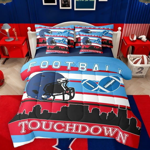 Manfei Cartoon Rugby Helmet Twin Bedding Sets 7-Piece for Kids, Modern American Sports Bedding Comforter Set, Football Touchdown Reversible Sheet Sets, Blue Red Luxury Bedroom Decor