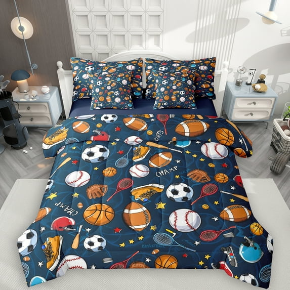 Manfei Cartoon Rugby Soccer 7-Piece Twin Bedding Sets, Basketball Player Bedding Comforter Set, Cartoon Football Soccer Reversible Sheet Sets, Lightweight Room Decor