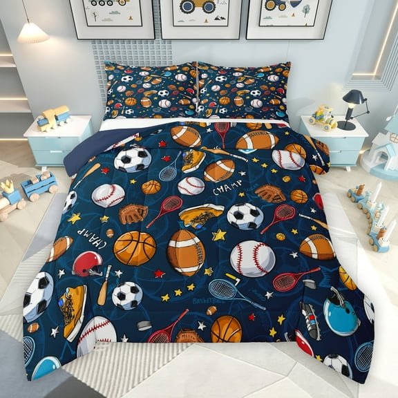 Manfei Cartoon Rugby Soccer Bedding Comforter Set, Basketball Player Twin Comforter Sets, Cartoon Football Soccer Reversible Bedding Set, Lightweight Room Decor, 2pcs