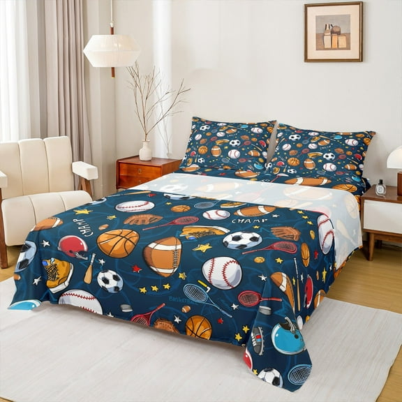 Manfei Cartoon Rugby Soccer Twin Sheet Sets, Basketball Player Twin Fitted Sheet, Cartoon Football Soccer Flat Sheet, Lightweight Room Decor, 3pcs