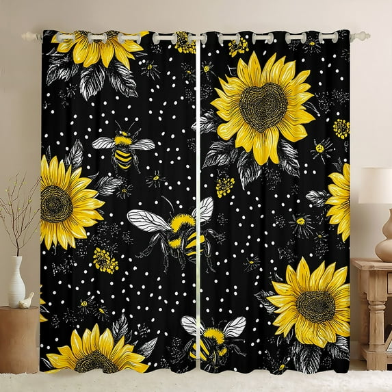 Manfei Cartoon Rustic Bee Animal Blackout Curtains Set of 2 (52x84 Each) for Kids, Vibrant Farmhouse Sunflower Window Curtains, Black Yellow Curtains and Drapes, Curtains and Drapes Decor