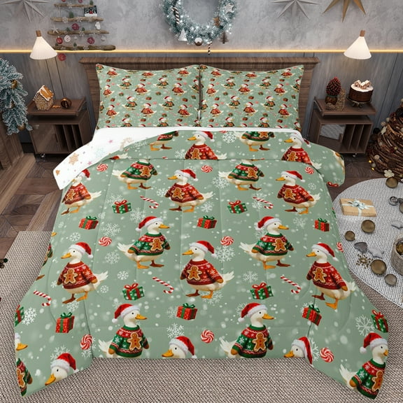 Manfei Cartoon Rustic Duck Queen Comforter Set for Kid, Winter Snowflake Bedding Sets, Vintage Western Christmas Reversible Bedding Comforter Set, Luxury Bedroom Decor, 3 Pieces