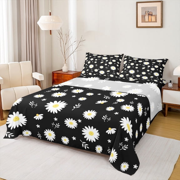 Manfei Cartoon Rustic Flower Twin Sheet Sets, Groovy Daisy Twin Fitted Sheet, Black White Cartoon Flat Sheet, Luxury Bedroom Decor, 3-Piece