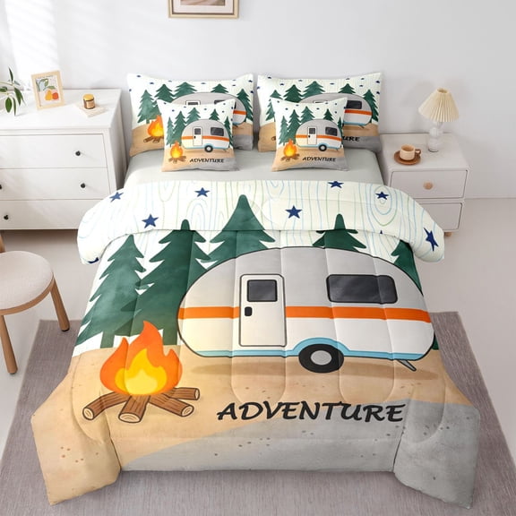 Manfei Cartoon Rv 7 Pieces Full Size Bedding Sets,Cute Stars Full Size Bed in a Bag,Green,Light Gray Reversible