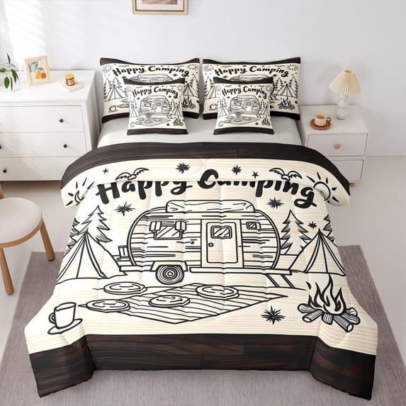Manfei Cartoon Rv 7pcs Queen Bedding,Cute Camping Print Bedding Comforter Set Queen,Beige,Light Gray Reversible