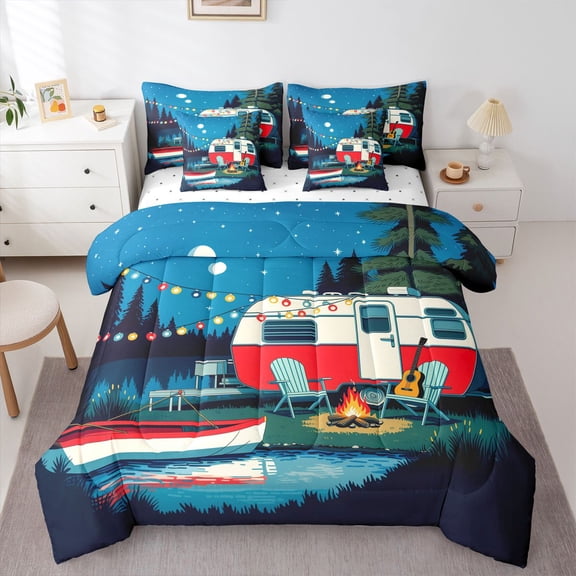 Manfei Cartoon Rv Pattern 7-Piece Twin Bedding,Night Sky Bedding Comforter Set,Blue,Reversible