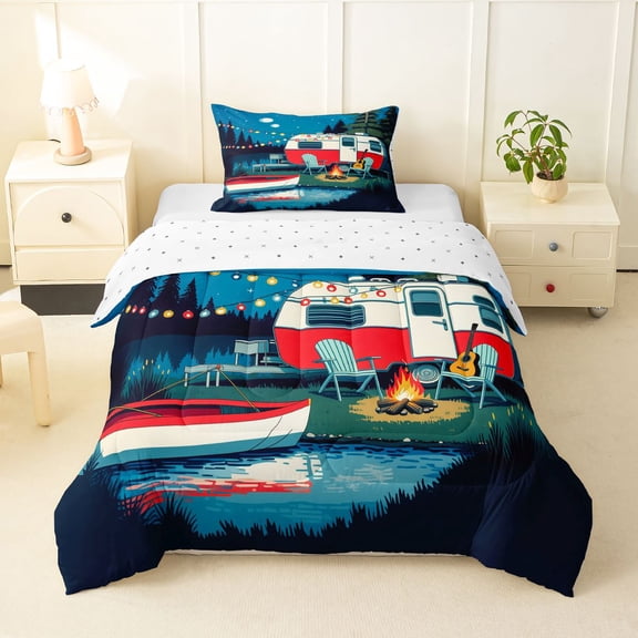 Manfei Cartoon Rv Pattern Twin Comforter Sets,Night Sky Bedding Set,Blue,Reversible,2-Piece,1 Comforter and 1 Pillowcase