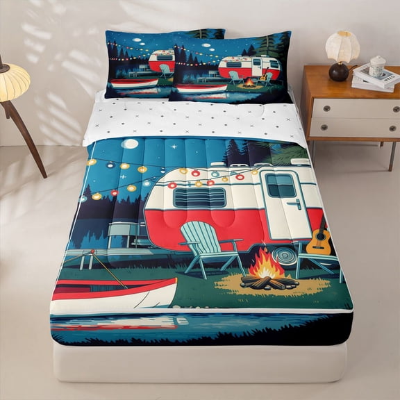 Manfei Cartoon Rv Pattern Zipper Twin Comforter Sets with Fitted Sheet and 2 Pillowcases,Night Sky Zipper Bedding Set,Blue,Reversible,4pcs