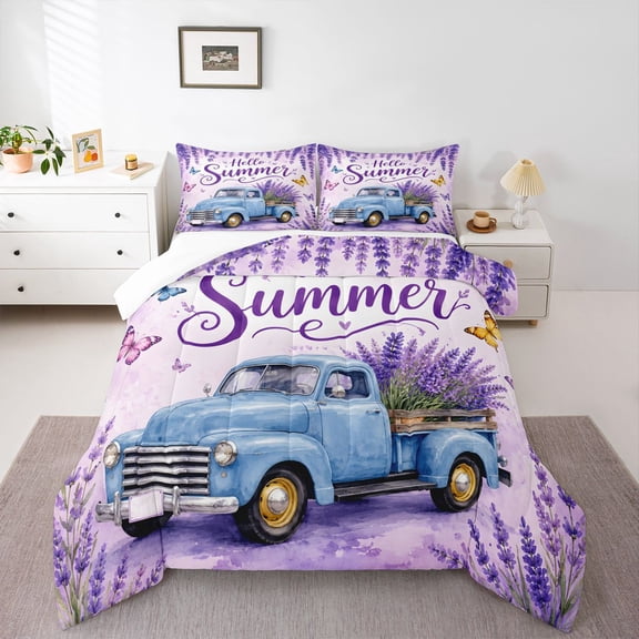 Manfei Cartoon Rv Queen Comforter Set,Lavender Print Comforter Sets Queen,Purple,3-Piece,1 Comforter and 2 Pillowcases