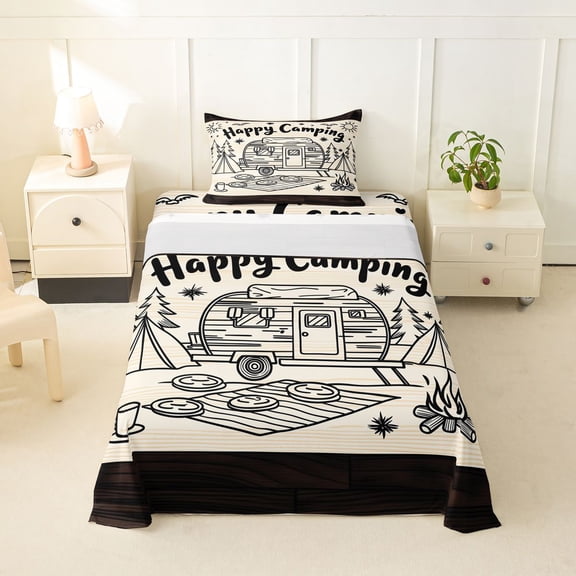 Manfei Cartoon Rv Twin Sheets,Cute Camping Print Bedding,Beige,3pcs,1 Fitted Sheet and 1 Pillowcase