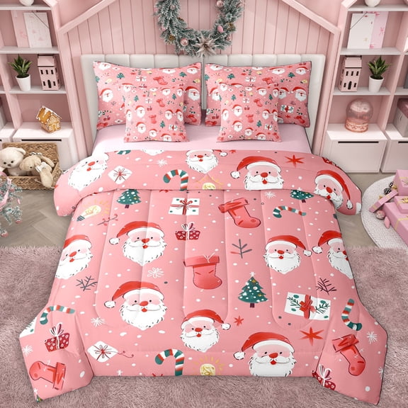 Manfei Cartoon Santa Claus 7-Piece Twin Bedding Sets,Red Xmas Stocking Bedding Comforter Set,Happy Christmas Sheet Sets For Teens,Super Cozy Room Decor Reversible