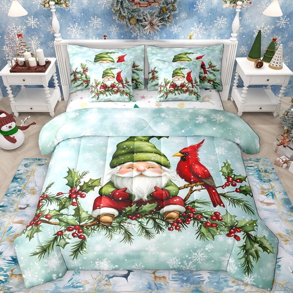 Manfei Cartoon Santa Claus 7-Piece Twin Bedding Sets,Rustic Cardinals Red Berry Bedding Comforter Set,Happy Christmas Sheet Sets For Teens,Super Cozy Room Decor Reversible