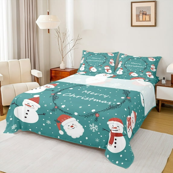 Manfei Cartoon Santa Claus Bed Sheets,Merry Xmas King Sheets,Kawaii Christmas Snowman Sheet Set For Teens,Ultra Soft Home Decor,4-Piece