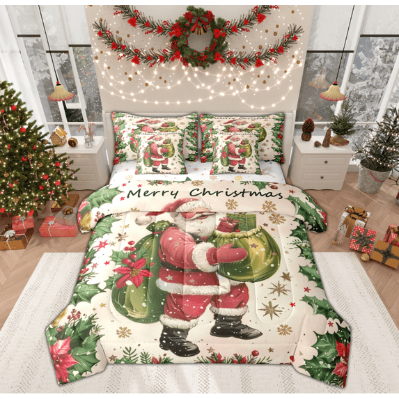 Manfei Cartoon Santa Claus Bedding Comforter Set 7 Pieces, Christmas Poinsettia Flower Full Bedding Set, Vintage Festival Reversible Fitted Sheet Flat Sheet, Breathable Home Decor