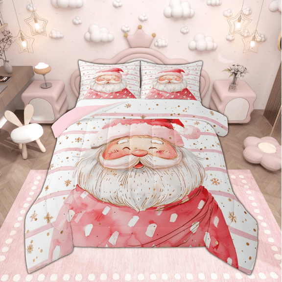 Manfei Cartoon Santa Claus Bedding Comforter Set for Kids Girls, Gold Snowflakes Twin Comforter Sets, White Pink Stripe Bedding Set, Christmas Home Decor, Reversible 2 Pieces