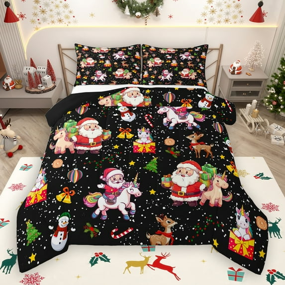 Manfei Cartoon Santa Claus Bedding Comforter Set,Merry Christmas Twin Comforter Sets,Red White Black Bedding Set For Girl,Breathable Home Decor Reversible,2-Piece