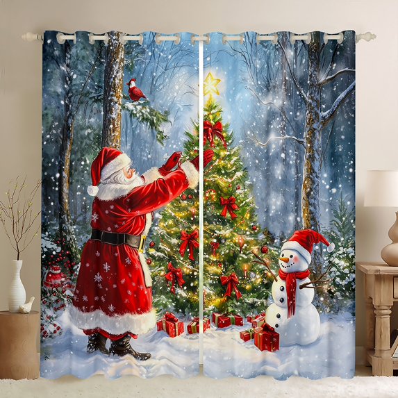 Manfei Cartoon Santa Claus Black Out Curtains for Kids, Green Xmas Tree Snowman Curtains Pack of 2 (42x63 Each), Winter Festival Snowflake Bedroom Curtains, Luxury Bedroom Decor