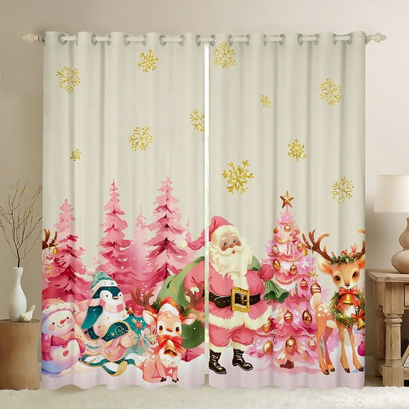 Manfei Cartoon Santa Claus Black Out Curtains for Kids, Pink Christmas Tree Curtains Pack of 2 (42x63 Each), Kawaii Reindeer Penguin Snowman Bedroom Curtains, Curtains and Drapes Bedroom Decor