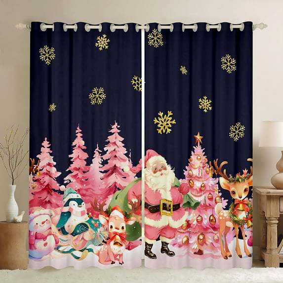 Manfei Cartoon Santa Claus Blackout Curtains Set of 2 (52x84 Each) for Kids, Pink Christmas Tree Window Curtains, Kawaii Reindeer Penguin Snowman Curtains and Drapes, Window Curtains Bedroom Decor