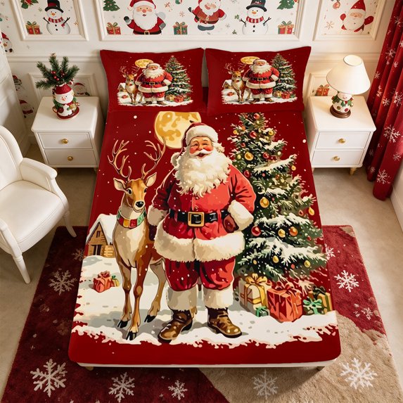 Manfei Cartoon Santa Claus Deer Fitted Sheet Queen 3-Piece,Merry Christmas Bedding,1 Fitted Sheet and 2 Pillowcases