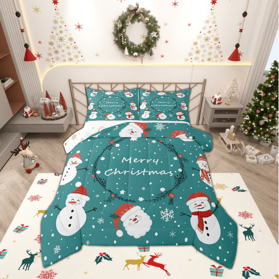 Manfei Cartoon Santa Claus Full Size Comforter Sets,Merry Xmas Bedding Comforter Set,Kawaii Christmas Snowman Bedding Sets For Teens,Ultra Soft Home Decor Reversible,3 Pieces