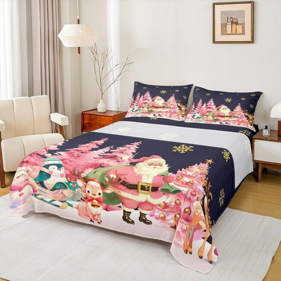 Manfei Cartoon Santa Claus Queen Sheet Sets for Kids, Pink Christmas Tree Flat Sheet, Kawaii Reindeer Penguin Snowman Queen Fitted Sheet, Microfiber Bedroom Decor, 4 Pieces