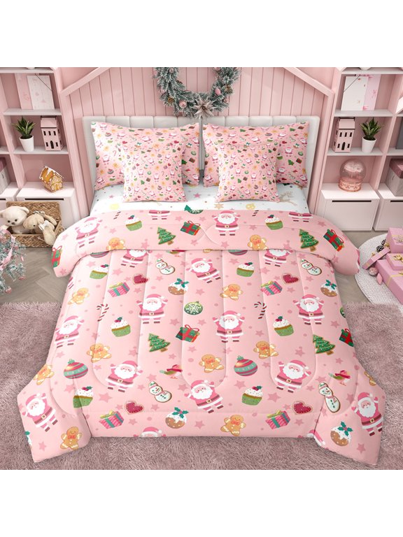 Cartoon Santa Claus Twin Bedding Sets 7-Piece for Teen, Kawaii Xmas Tree Stars Bedding Comforter Set, Cute Gingerbread Man Reversible Sheet Sets, Luxury Bedroom Decor