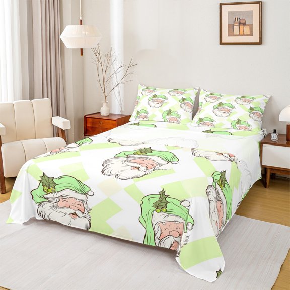 Manfei Cartoon Santa Claus Twin Sheet Sets 3 Pieces for Girls, Merry Xmas Christmas Twin Fitted Sheet, Green Geometric Flat Sheet, Lightweight Room Decor