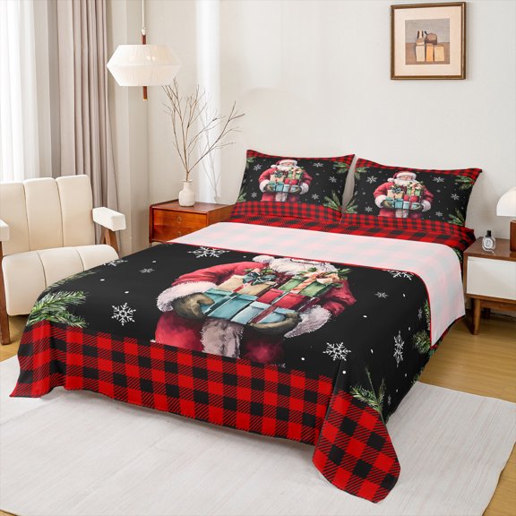 Manfei Cartoon Santa Claus Twin Sheet Sets 3pcs, Happy New Year Twin Fitted Sheet for Kids, Snowflakes Xmas Tree Flat Sheet, Breathable Home Decor