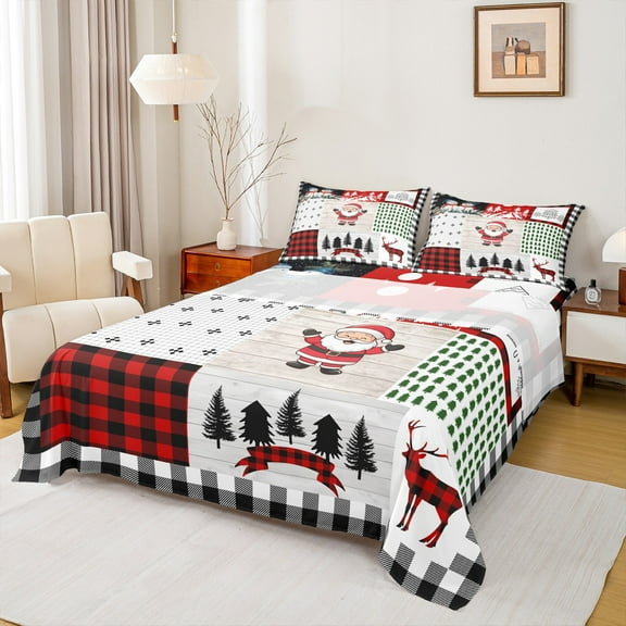 Manfei Cartoon Santa Claus Twin Sheet Sets for Child, Merry Christmas Twin Fitted Sheet, Patchwork Plaid Flat Sheet, Microfiber Bedroom Decor, 3 Pieces