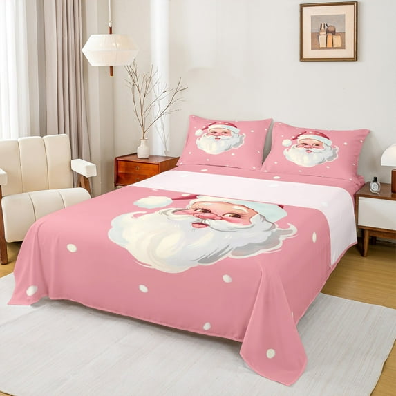 Manfei Cartoon Santa Claus Twin Sheet Sets for Kid, Merry Christmas Twin Fitted Sheet, Pink Princess Style Flat Sheet, Super Cozy Room Decor, 3-Piece