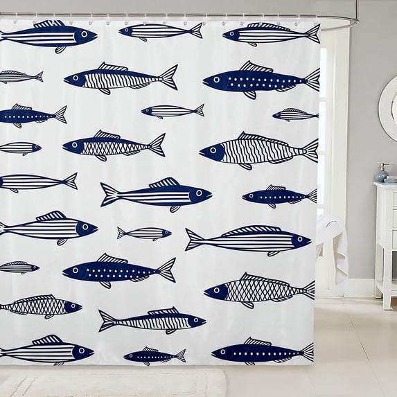 Manfei Cartoon Sardine Shower Curtain 72Wx78L, Rustic Fish Bath Curtain, Navy White