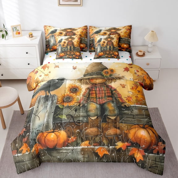Manfei Cartoon Scarecrow 7 Pieces Bedding Comforter Set,Fall Pumpkin Maples Full Bedding Set,Rustic Farmhouse Cabin Fitted Sheet Flat Sheet For Children,Breathable Home Decor Reversible