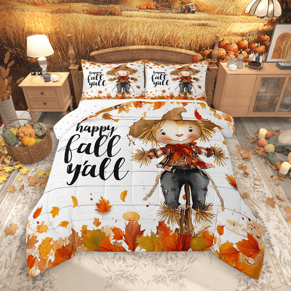 Manfei Cartoon Scarecrow Bedding Comforter Set 2pcs, Autumn Fallen Leaves Twin Comforter Sets, Happy Fall Y'All Print Bedding Set, Lightweight Room Decor