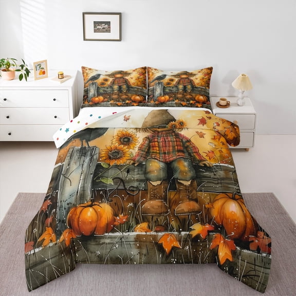 Manfei Cartoon Scarecrow Bedding Comforter Set,Fall Pumpkin Maples Twin Comforter Sets,Rustic Farmhouse Cabin Bedding Set For Children,Breathable Home Decor Reversible,2pcs