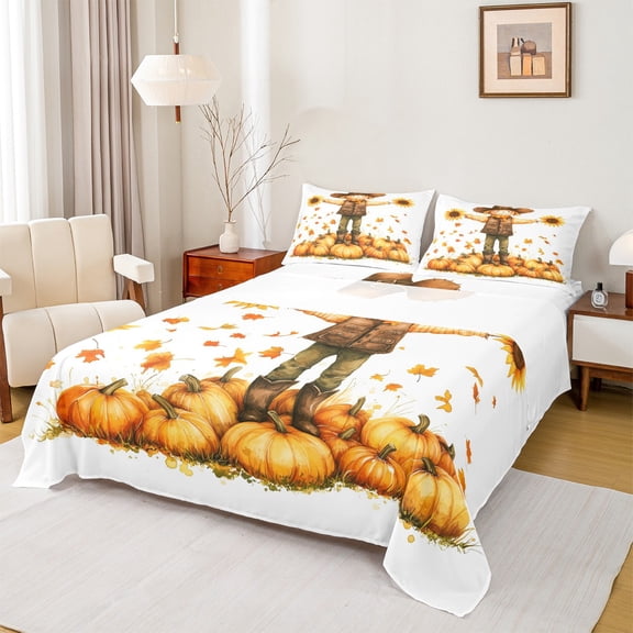 Manfei Cartoon Scarecrow Full Size Sheets,Autumn Pumpkin Maples Bed Sheets,Hello Fall Sheet Sets For Girls Boys,Super Cozy Room Decor,4 Pieces