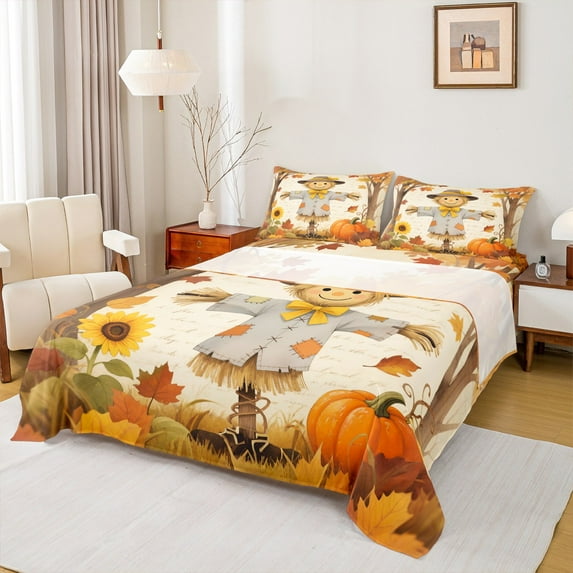 Manfei Cartoon Scarecrow Queen Sheet Sets for Boys Girls, Thanksgiving Day Pumpkin Flat Sheet, Autumn Sunflower Leaf Queen Fitted Sheet, Lightweight Room Decor 4 Pieces