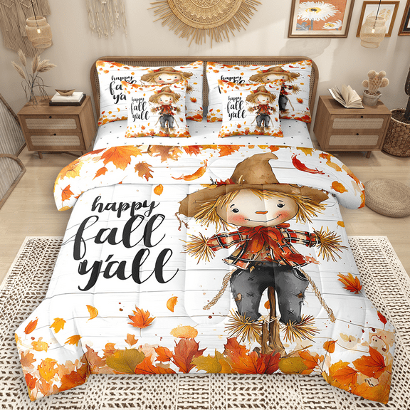 Manfei Cartoon Scarecrow Twin Bedding Sets 7pcs, Autumn Fallen Leaves Bedding Comforter Set, Happy Fall Y'All Print Sheet Sets, Lightweight Room Decor